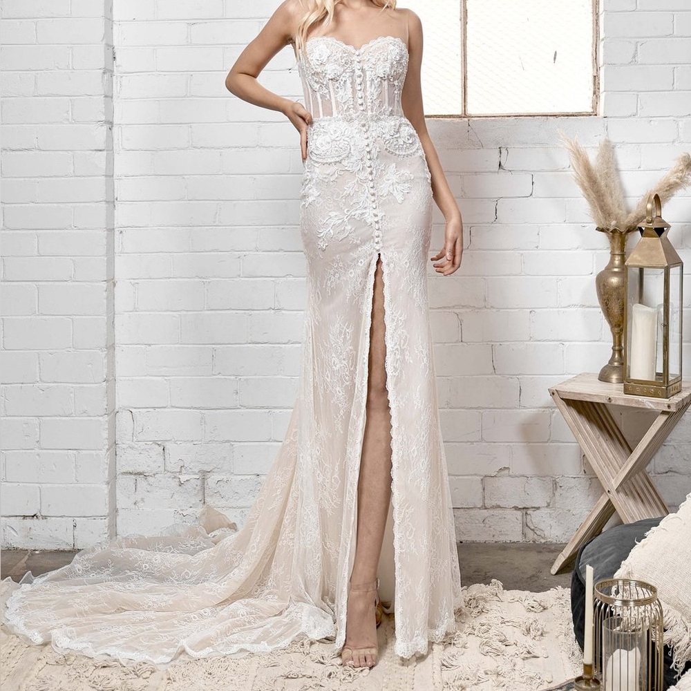 Ivory Lace Strapless Bridal Gown with Corset Detailing